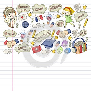 Dialog clouds with HELLO Vector pattern for language class, online courses. English, arabic, italian, japanese, spanish