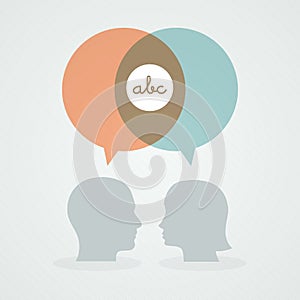 Dialog about education. Speech bubbles, woman and man head. Vector illustration, flat design