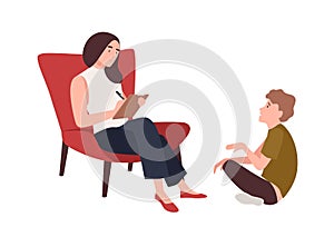Dialog between female psychologist, psychoanalyst or psychotherapist and kid patient sitting in front of her. Child photo