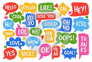 Dialog Speech Bubbles Vector Set. Hello, Lets Go, Like, Ho and Hey. Cool, Hi, Xo Xo and Love You. Good, Oh No, Kiss