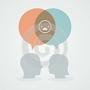 Dialog about unhappiness. Speech bubbles, woman and man head. Vector illustration, flat design