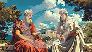 Dialogue of Ancient philosophers, historical reconstruction illustration