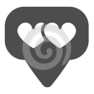 Dialogue box, speech bubble and two hearts solid icon, dating concept, messege with hearts vector sign on white
