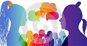 Dialogue group of diverse people. Communication between people. Crowd talking. Silhouette profiles. Rainbow colours. Speech bubble