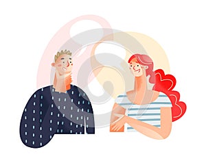 Dialogue of people with speech bubbles, young man thinking, talking with woman together