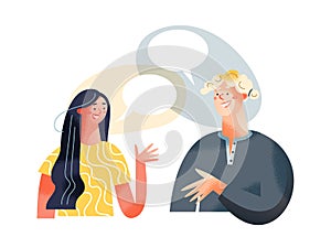 Dialogue of people with speech bubbles, young man thinking, talking with woman together