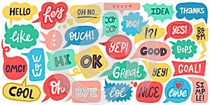 Dialogue speech bubbles. Chat balloons, small talk frames, conversation clouds with greeting phrases. Dialogue chat photo