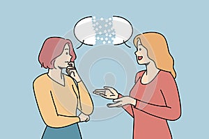 Dialogue between two women gossiping about plans for future, standing near speech bubble