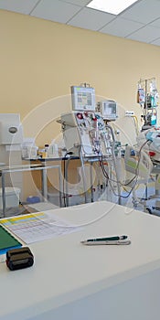 Dialysis machine, to which patient is connected in intensive care unit in hospital. The patient fell ill with a new type of