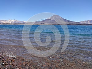 Diamante lagoon with Maipo volcano in Mendoza. Argentina photo
