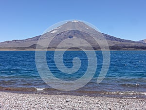 Diamante lagoon with Maipo volcano in Mendoza. Argentina photo