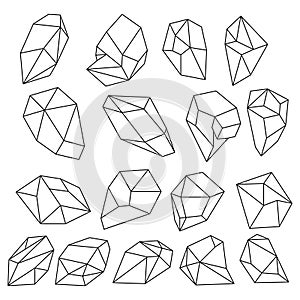 Diamond 3d shapes. Natural crystals outline. Gem stones vector set