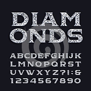 Diamond alphabet font. Luxury beveled serif letters and numbers.
