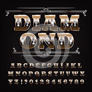 Diamond alphabet font. Ornate golden letters and numbers with gemstones.