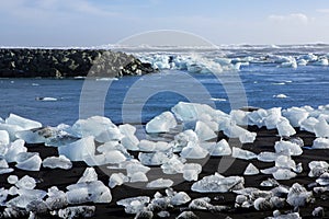 Diamond Beach Iceland. Ice on the black beach near Jokulsarlon glacier lagoon. Glacier icebergs in Iceland. Icelandic Nature. photo