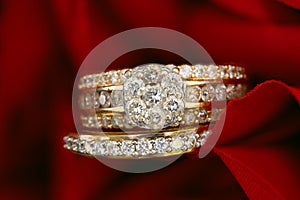 Diamond cluster wedding ring set on red roses