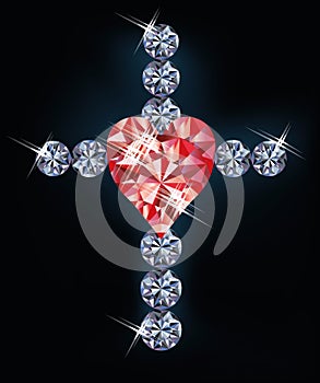 Diamond cross with ruby heart