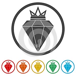 Diamond crown ring icon, color set