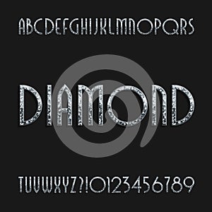 Diamond crystal alphabet font. Ornate jewellery art deco letters and numbers.