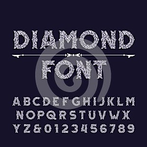 Diamond crystal alphabet font. Ornate jewellery letters and numbers.