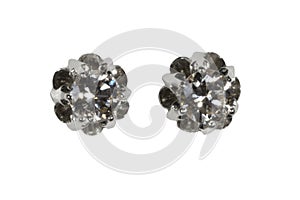 Diamond earrings. Big diamond earrings, large solitaire earrings on white background.