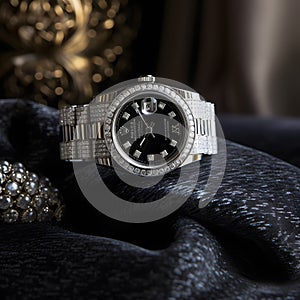 diamond-encrusted Rolex watch on a black velvet cushion one generative AI