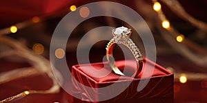 Diamond engagement ring in red box, holiday gift. Generative AI