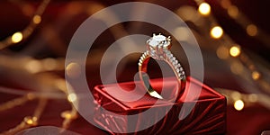 Diamond engagement ring in red box, holiday gift. Generative AI