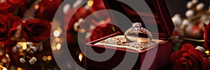 Diamond engagement ring in red box, holiday gift. Generative AI