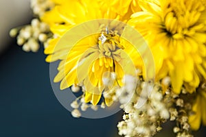 A diamond  engagement ring in a yellow boquet of flowers - close up
