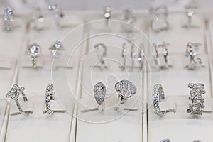 Diamond engagement rings in a jeweler shop display