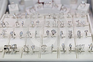 Diamond engagement rings in a jeweler shop display