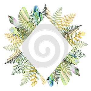 Diamond frame border with hand drawn green and golden tropical fern leaves and watercolor crystals on white background