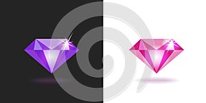 Diamond gem stone icon vector 3d graphic or shiny precious gemstone diamant clipart illustration, jewel pink blue color brilliant