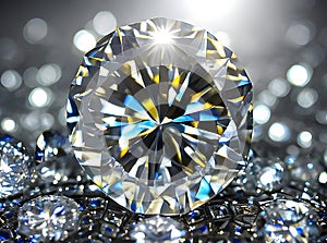 Diamond gemstone shiny background, round cut diamond on black dark glossy background. Generative AI