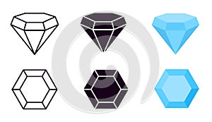 Diamond icon. Diamonds gems, jewelry diamantes luxury gemstones and brilliant. Line, black silhouette and blue flat