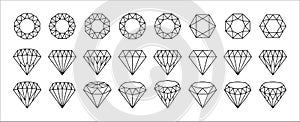 Diamond icon set. Diamond vector icons symbol design collection. Assorted diamond in flat line simple style illustration. Side and