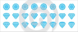 Diamond icon set. Diamond vector icons symbol design collection. Assorted diamond in blue flat line simple style illustration.