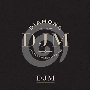 Diamond Jewelry manufacturing logo. D, J and M monogram on a circle. Gold and Silver Jewelry Logo.