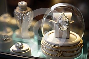 Diamond jewelry over glass display showcase in luxury boutique