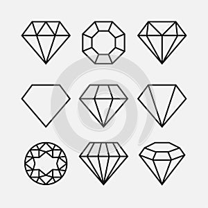 Diamond line gem icon. Vector crystal value outline stone brilliant, luxury flat icon set