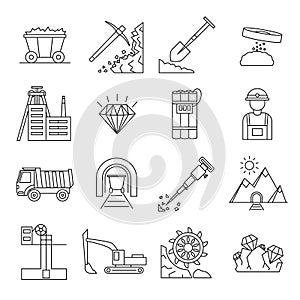 Diamond Mining Signs Black Thin Line Icon Set. Vector