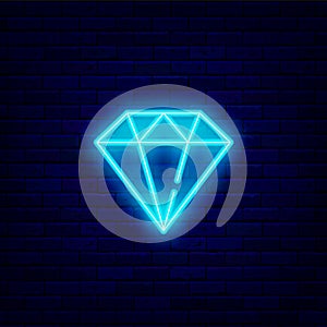 Diamond neon icon. Blue brilliant signboard. Jewelry store emblem. Shiny effect banner. Vector stock illustration