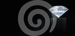 A diamond on a pedestal on a black background. Expensive refracting crystal. 3D rendering.