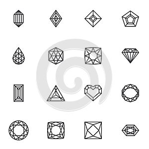Diamond and precious stones line icons set