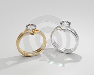 Diamond Ring Couple Gold and Silver isolated on white background 3D Render