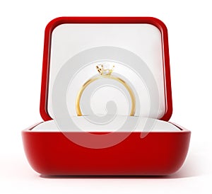 Diamond ring inside open red box. 3D illustration