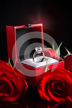 Diamond ring in its box, surrounded by red roses