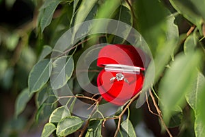 Diamond ring in a red heart-shaped box on a green background. Birthday, Valentine`s, engagement, mother`s day gift