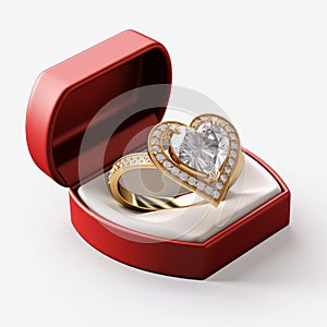 Diamond Ring in shape of heart Yellow Gold Isolated on White Background.